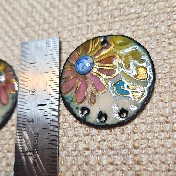 🚫reserved🚫Artisan Floral Enamel Earring Charms Bird & Daisy Pure Copper & Gold - Picture 3 of 4